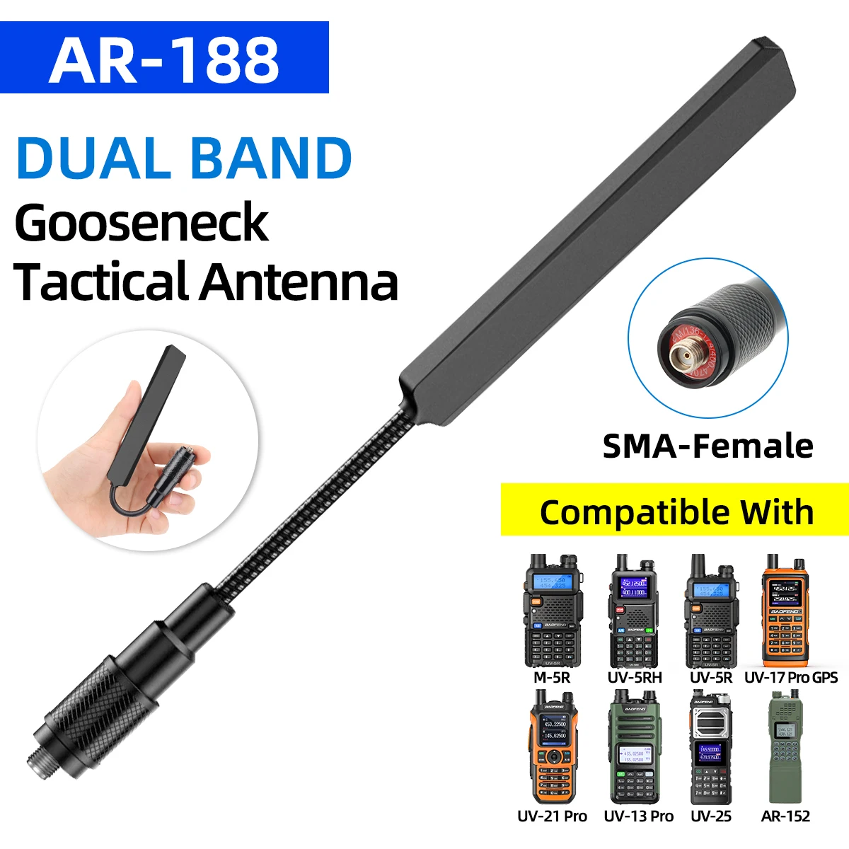 ABBREE AR-188 Schwanenhals Taktische Antenne VHF UHF SMA-Buchse für Baofeng Walkie Talkie UV-5R 5RH 13 17 21 PRO Quangsheng UV-K5(6) Image