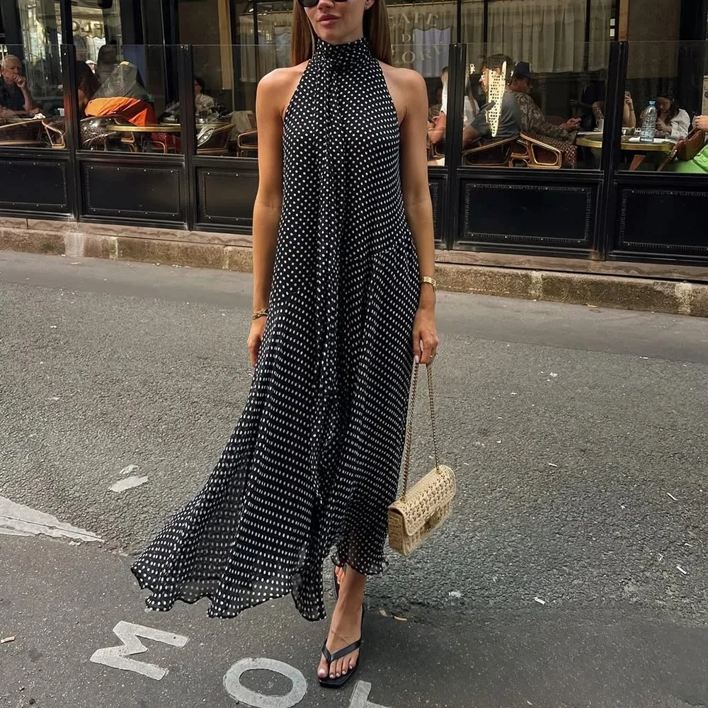KONDALA Sexy Neckholder-Schal-Punkt-Druck-Kleid für Damen, ärmellos, rückenfrei, Chiffon, Urlaubskleid, Mode, 2022, Sommer, lockeres Strandkleid Image