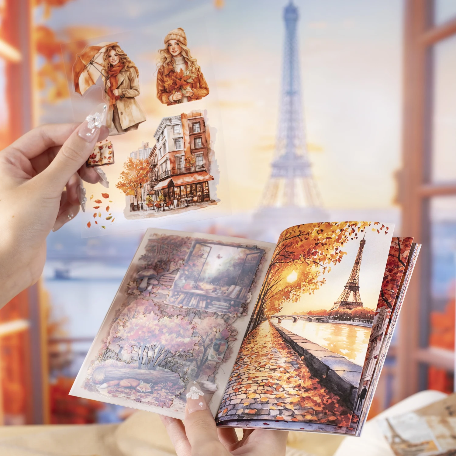 20 Blatt Paris Autumn Series Reise-Thema-Aufkleberbuch aus zwei Materialien für DIY-Scrapbooking, Fotorahmen, Collage-Dekoration Image