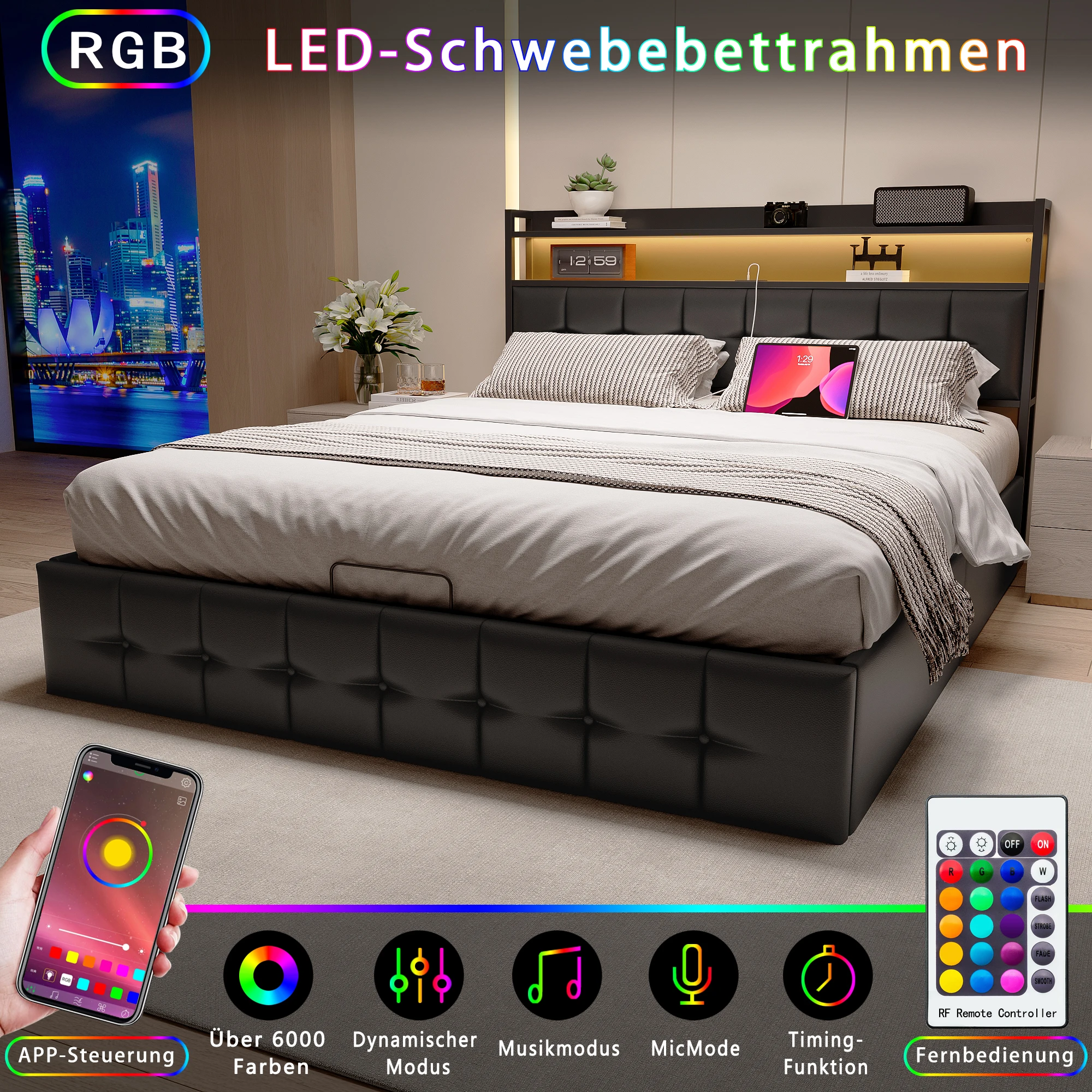 Polsterbett 140/160 cm mit LED-Beleuchtung, Polsterbett Doppelbett mit Stauraum, Bett mit Stauraum und gepolstertem Kopfteil, Doppelbett mit LED-Beleuchtung und USB-Anschluss, hydraulisches Bett mit Lattenrost