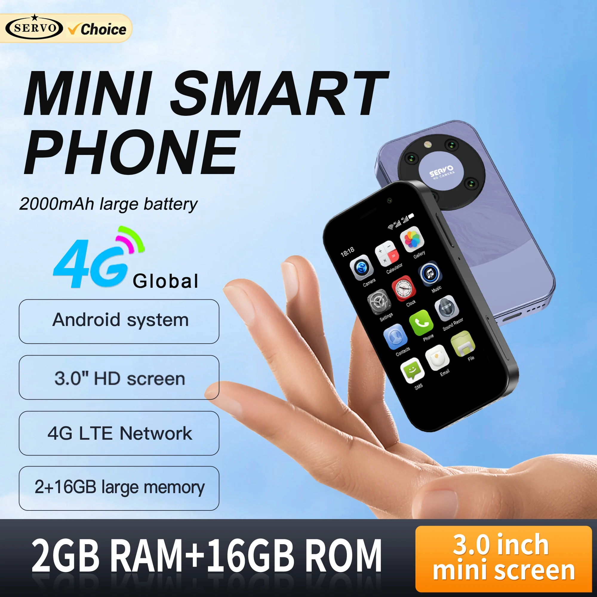 SERVO KING9000 Mini Android Smartphone 2 SIM Standby 4G Netzwerk 2GB+16GB APP Download Play Store WLAN 3,0 Zoll Niedliche Smartphones