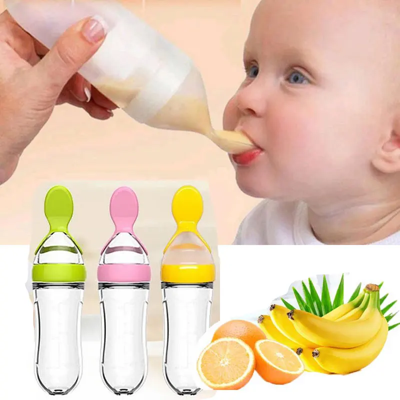 Sichere Nützliche Silikon Baby Flasche Mit Löffel Nahrungsergänzungsmittel Reis Getreide Flaschen Squeeze Löffel Milch Fütterung Flasche Tasse Image