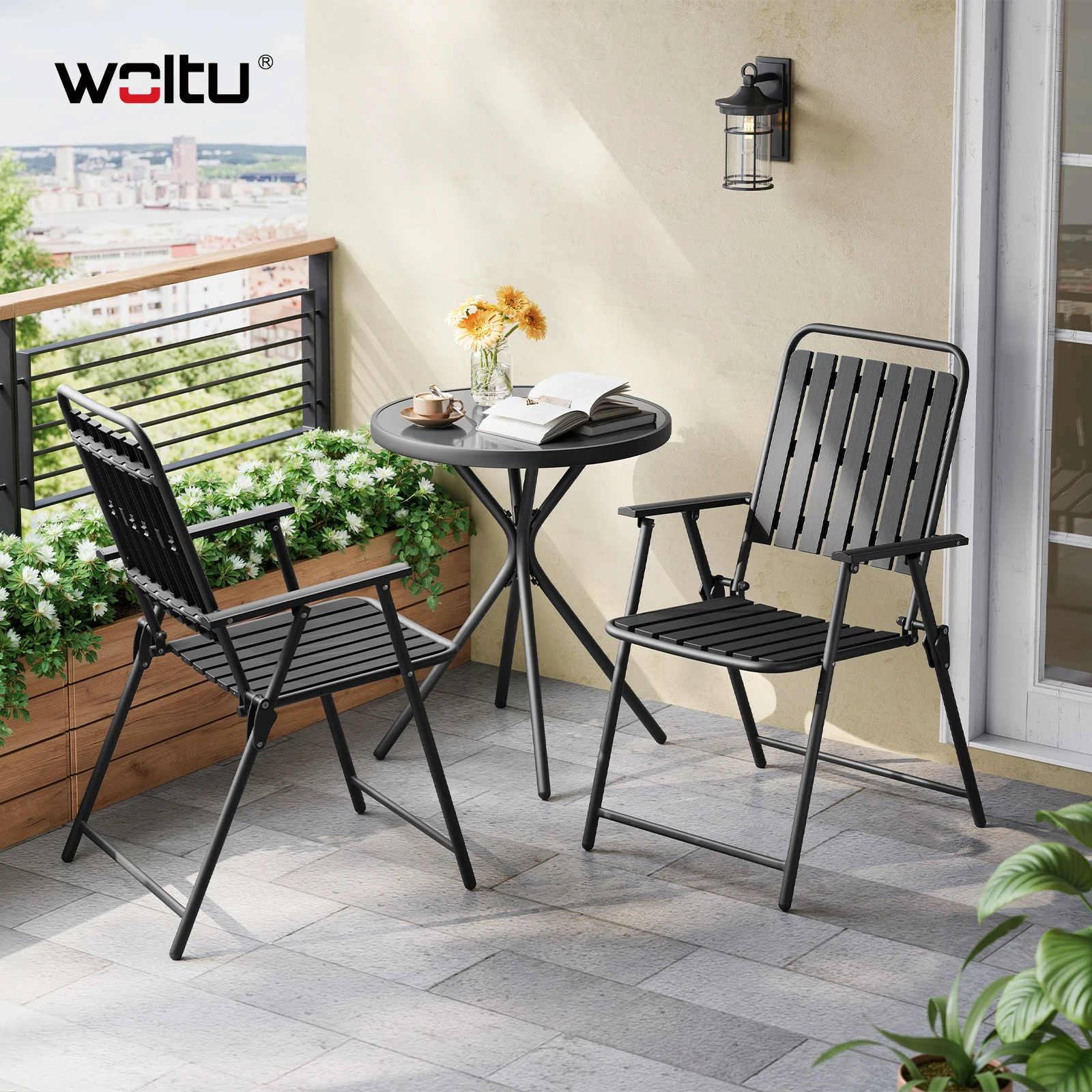WOLTU Outdoor-Tisch mit 2 Klappstühlen, Metallrahmen, wetterfest, für Balkon, Terrasse, Hinterhof, Gartenmöbel-Set