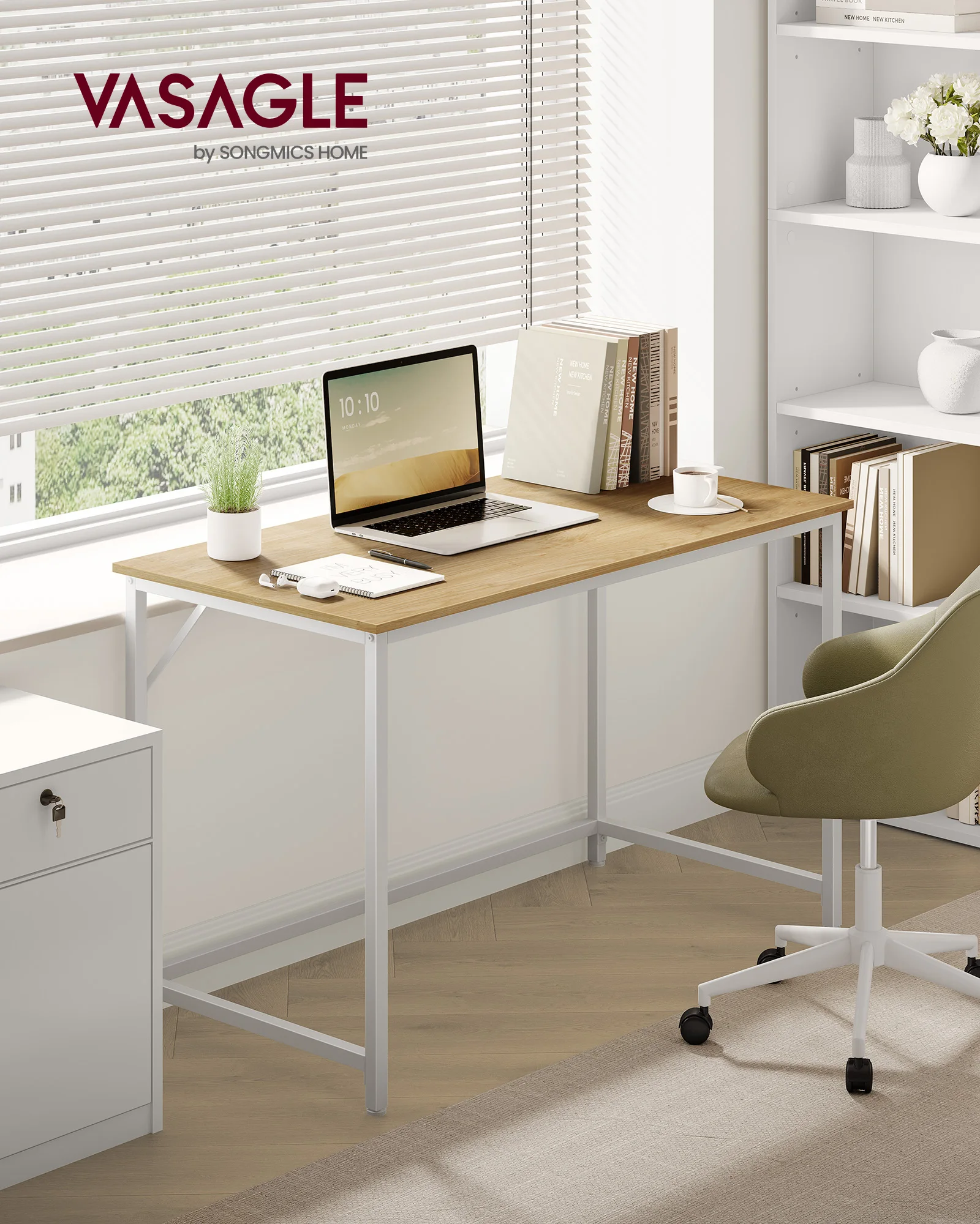 VASAGLE Schreibtisch, kleiner Computertisch, Bürotisch, für Arbeitszimmer, Schlafzimmer, Metallgestell, eichenfarben-weiß