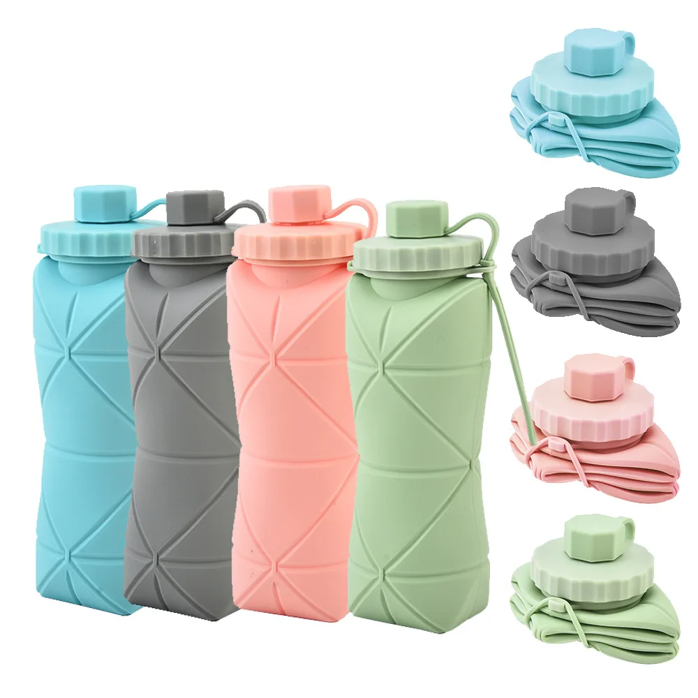 600 ml Silikon-Klappflasche für Erwachsene, tragbar, wiederverwendbar, Kunststoffbecher, Outdoor, Reisen, Fitnessstudio, Wasserflasche, motivierende Trinkflasche Image