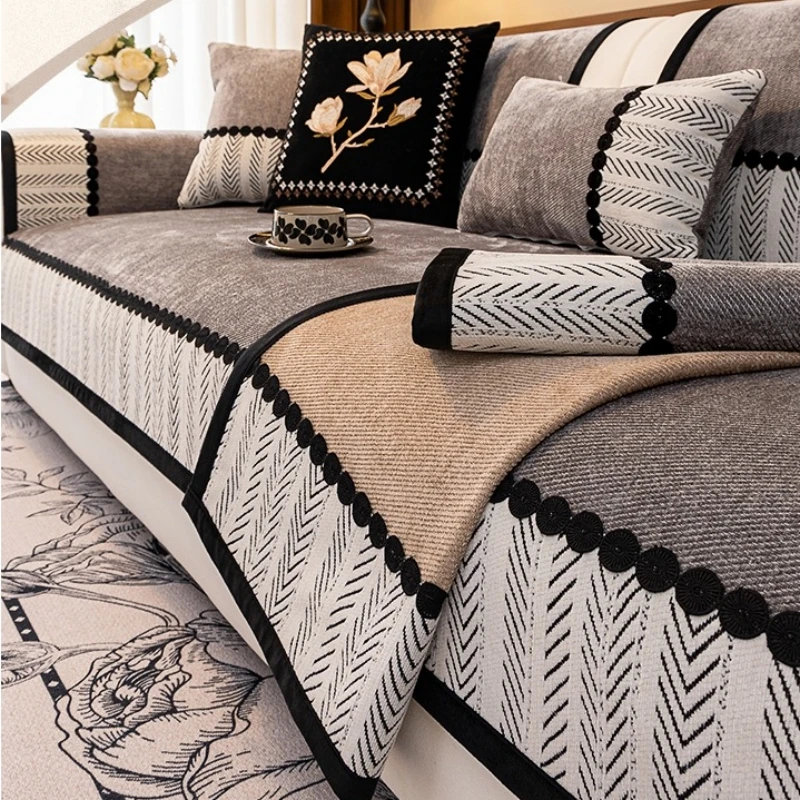 Sofabezug aus Chenille mit kontrastierendem Saum und Twill-Motiv für alle Jahreszeiten, Wohnzimmer, rutschfester Sofa-Sitzbezug, Couch-Schonbezug, Sofa-Handtuch