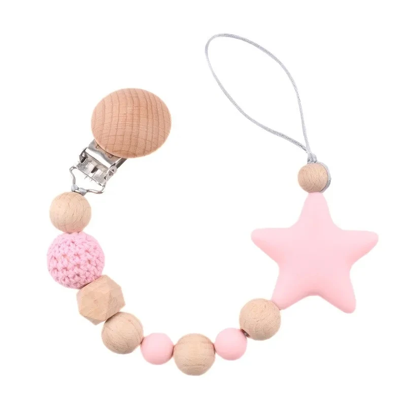 Baby Holz Schnuller Schnuller Clip Kette Silikon fünfzackigen Stern Nippel Schnuller Namen Halter Baby Neugeborene Dusche Geschenke Image