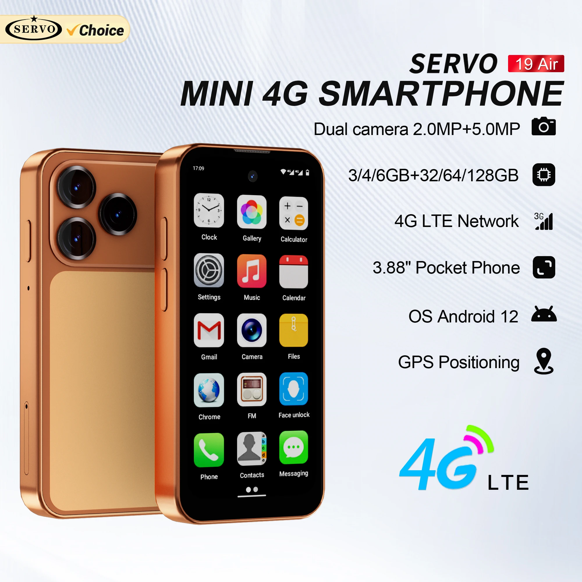 SERVO 19 Air 4G LTE Mini-Smartphone Android 12.0 OS Play Store 6GB+128GB Gesichtserkennung OTG 2 SIM 3,88-Zoll-Bildschirm Pocket-Smartphones