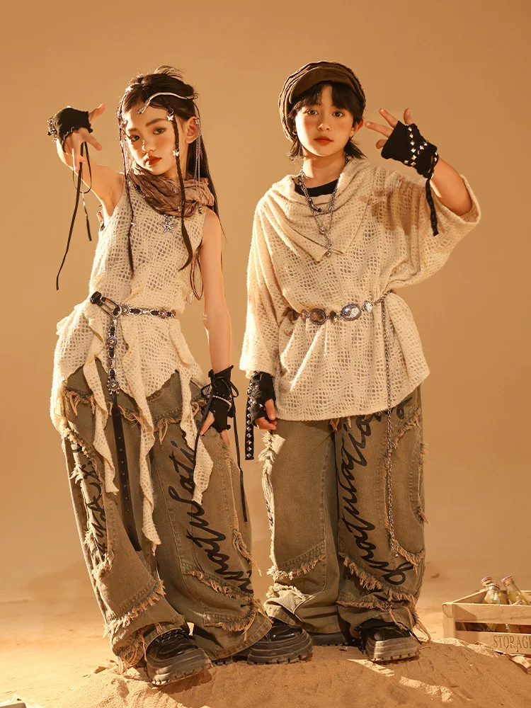 Kinder Jugend Hip Hop Jazz Gothic Bühne Modenschau Kleidung Kinder Dystopie-core Zerrissene T-shirt Denim Baggy Jeans Hose Sets