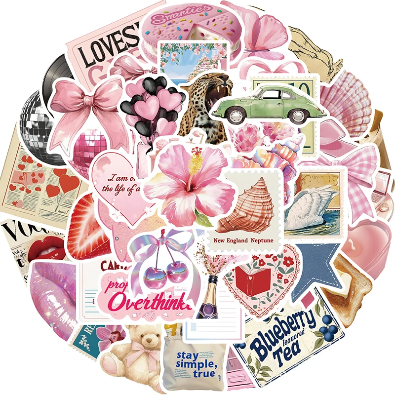 50 Stück rosa Vintage-Aufkleber für Mädchen, Kawaii, rosa ästhetische Aufkleber für Scrapbook, Tagebuch, Laptop, wasserfeste Vinyl-Aufkleber