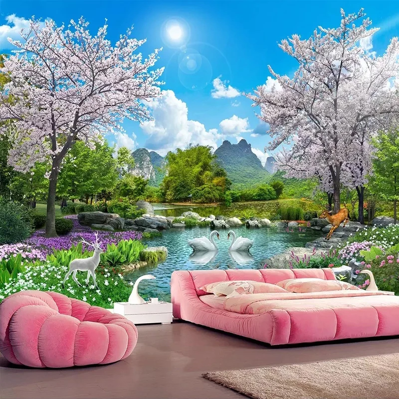 Nach 3D Foto Tapete Wohnkultur Kirschblüte Baum Schwan Deer Landschaft Wand Malerei Wohnzimmer Schlafzimmer Wandbild Wand Papier