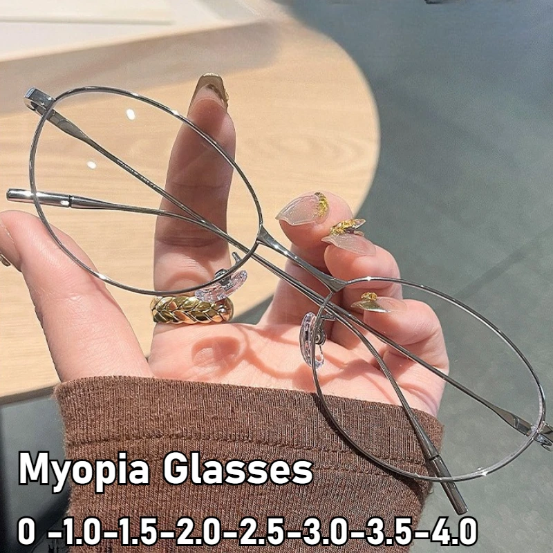 Unisex Ultraleichte Mode Cat Eye Myopie Brille Ovale Metallrahmen Klare Gläser Anti-Blaulicht Brille Dioptrien bis -4,0 Image