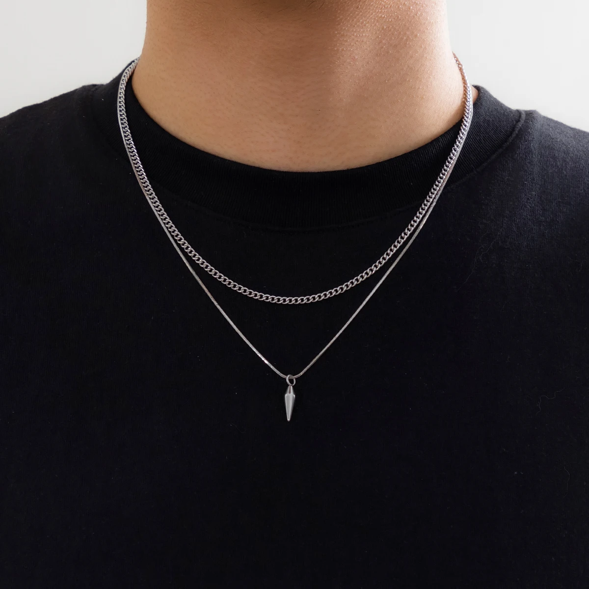KunJoe 2 Teile/satz Edelstahl Metall Nieten Anhänger Dünne Schlangenkette Halskette für Männer Punk Silber Farbe Cuban Link Kette Halsband Image