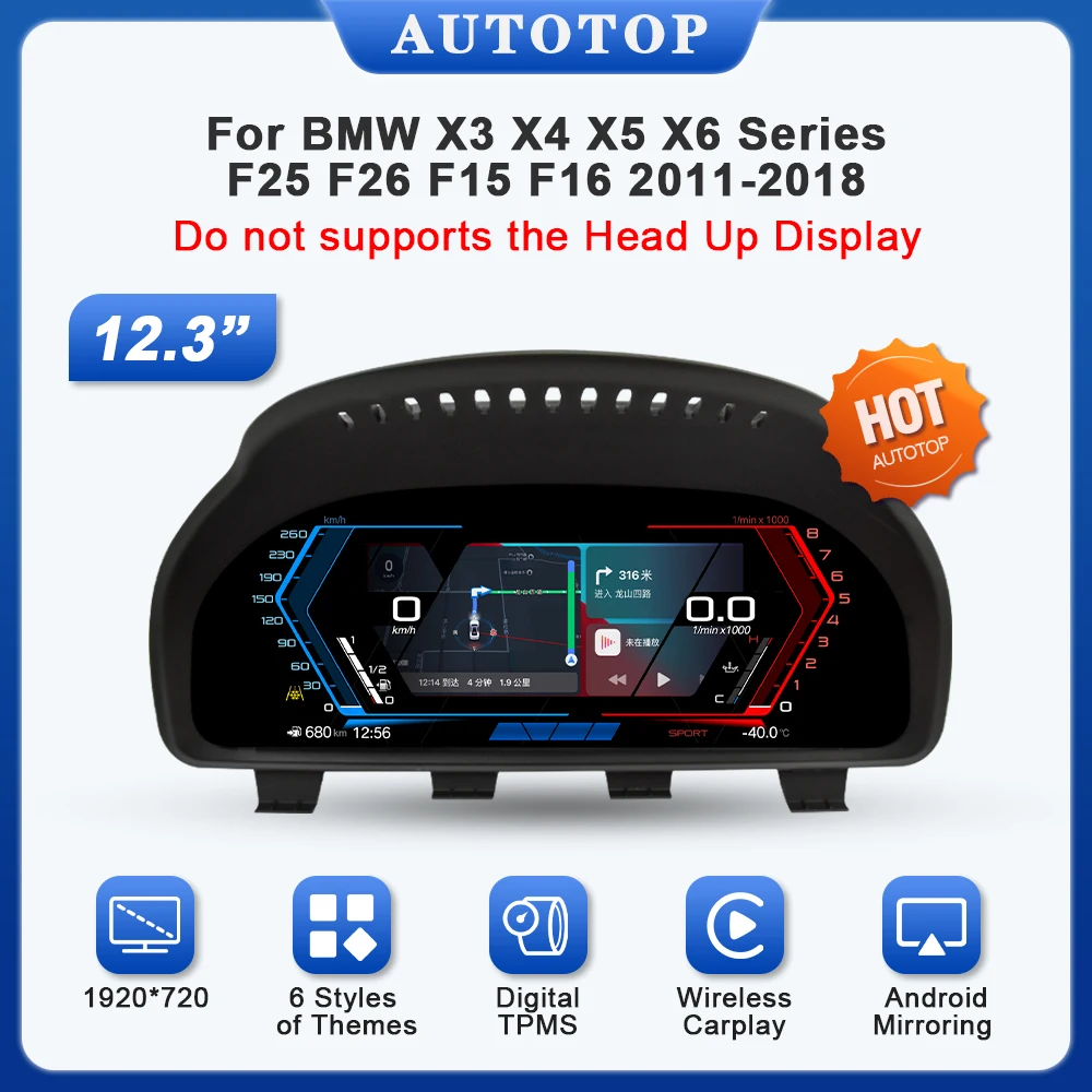 AUTOTOP 12,3 Zoll kabelloses Carplay digitales Instrumentenpaneel für BMW X3 F25 X4 F26 X5 F15 X6 F16 2011–2018, Messgerät-Armaturenbrett Image