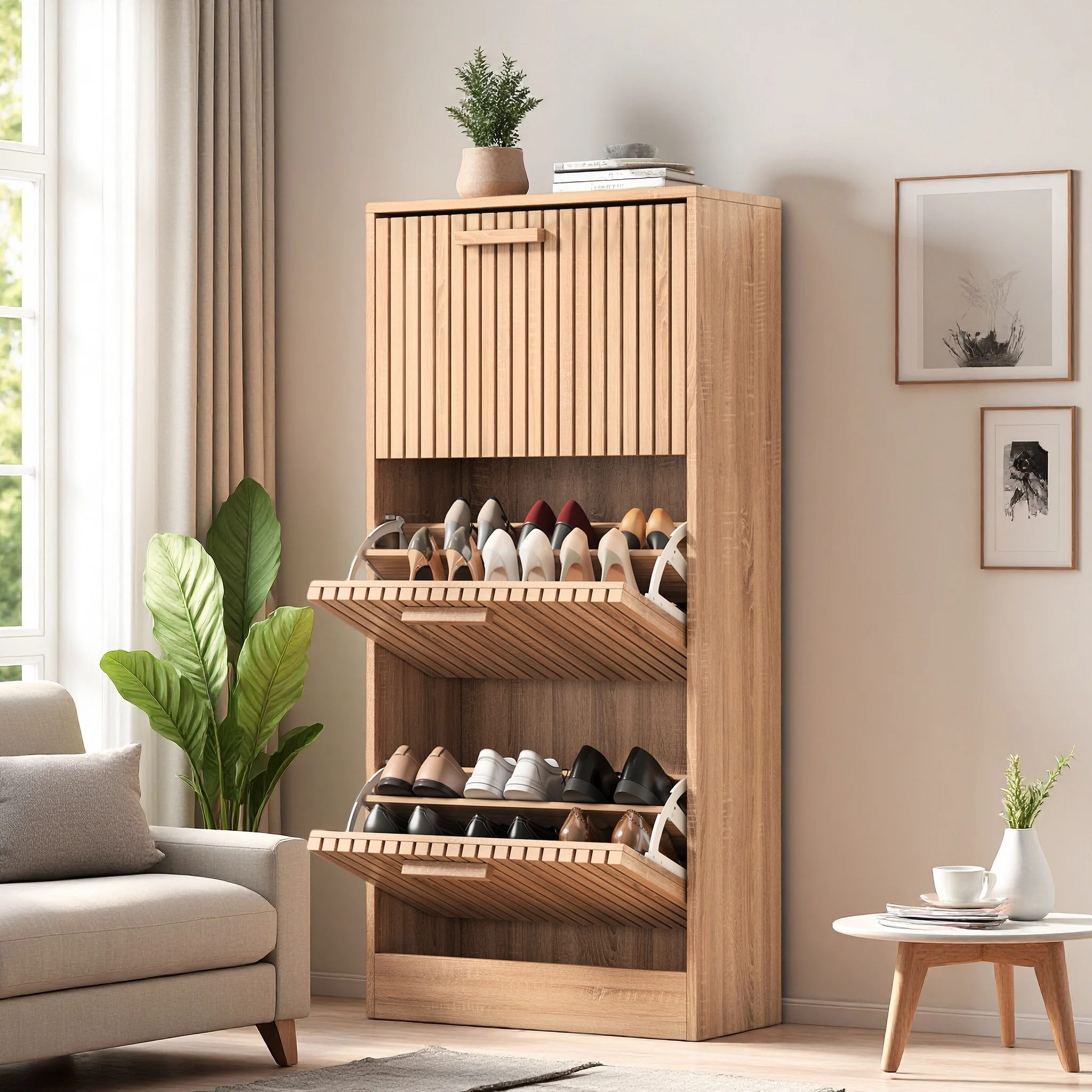 Rosahqnda Rattan-Schuhschrank – für schmale Eingänge – drei schräge Türen – Griffe mit Holzmaserung – Sideboard, atmungsaktive Paneele