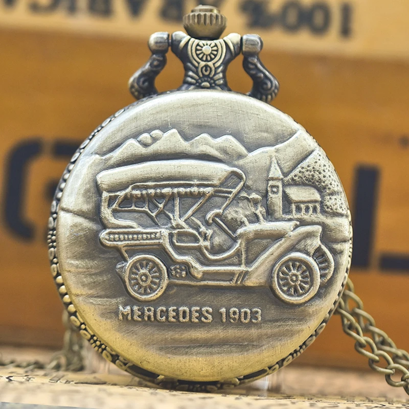 Vintage Bronze Steampunk Oldtimer 1903 geschnitzt Quarz Taschenuhr Halskette Anhänger Uhr Kette Männer Frauen Kette Geschenk Image