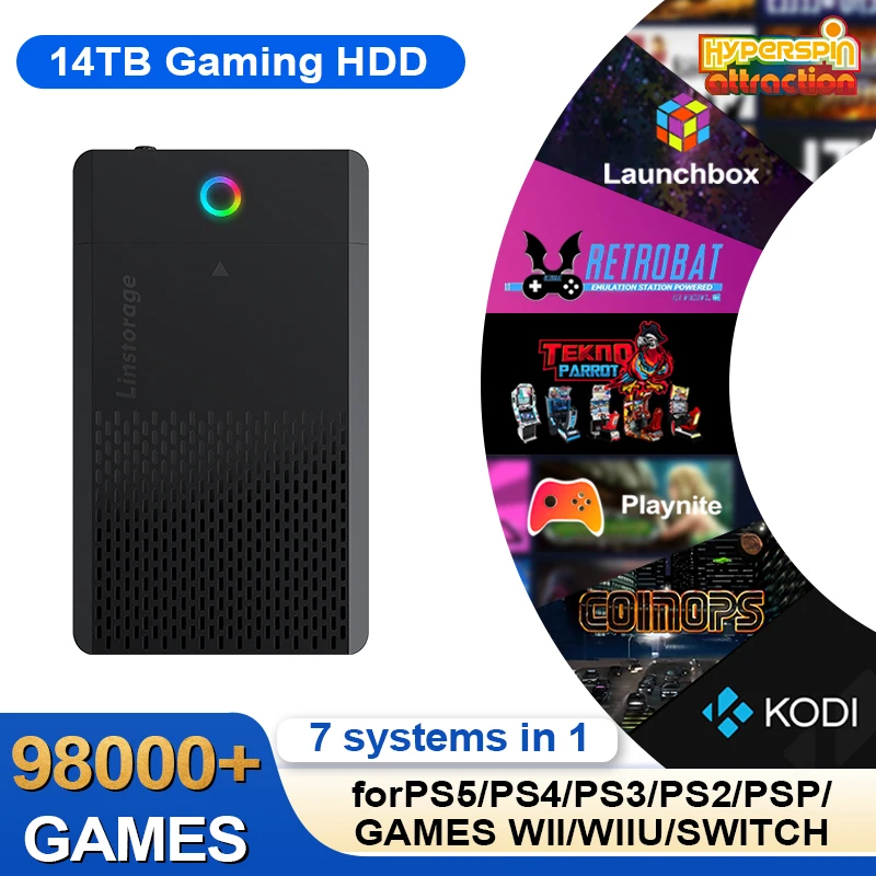 PEAPRIT 14TB Gaming-Festplatte mit Hyperspin Launchbox Retrobat Playnite 98K+ Retro-Videospielekonsole für PS5/PS4/PS3/PS2/SWITCH/WII
