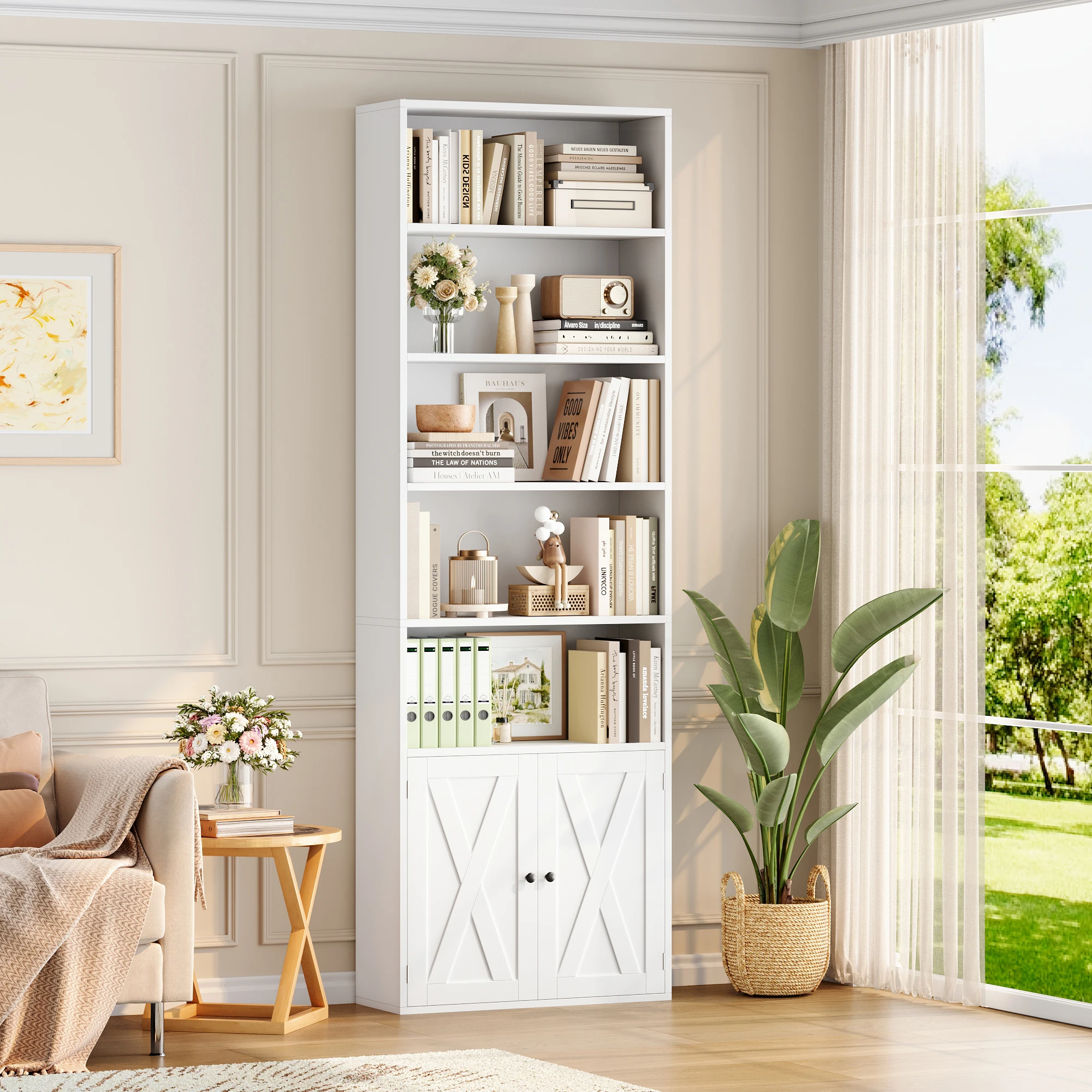 Getone Bücherregal mit 7 Fächern Bücherschrank 209 cm mit Türen, Hochschrank mit Verstellbare Ablage, Standregal Regal, Mehrzwec Image