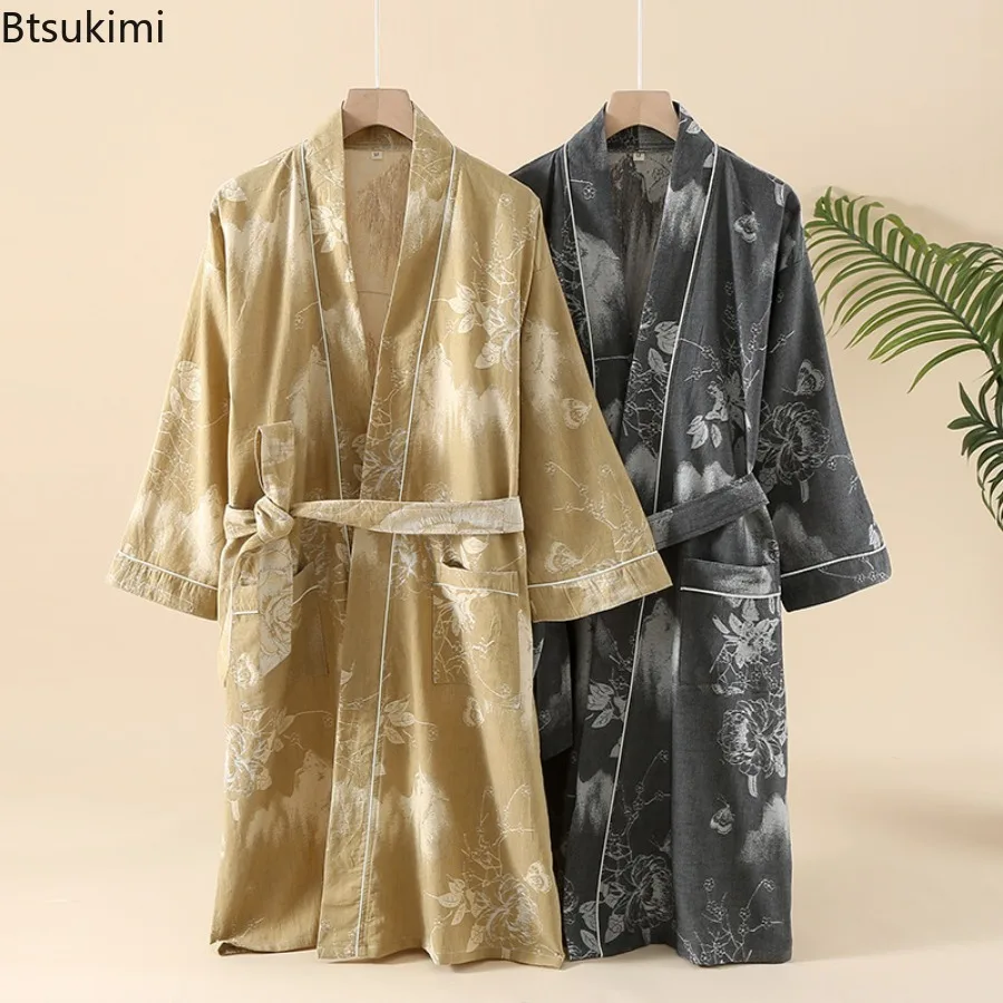 2026 Bedruckter Baumwoll-Bademantel für Paare, locker sitzend, japanischer Kimono-Stil zum Binden, schwitzfördernde Baumwoll-Pyjama-Roben für Herren Image