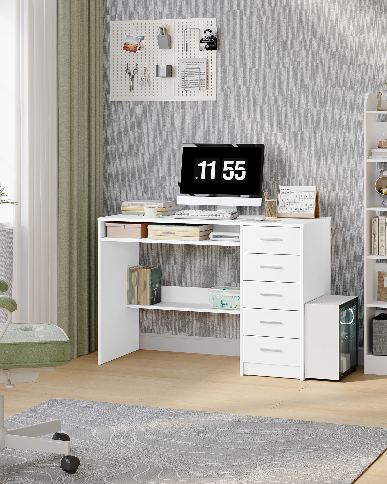 Schreibtisch, Computertisch mit 5 Schubladen, Bürotisch mit minimalistischem Design, moderner PC-Tisch, geeignet für Studium und Büro
