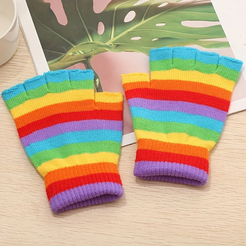 Regenbogen gestreifte Strickhandschuhe, verdickte warme Halbfingerhandschuhe, kältebeständige Herbst- und Winterhandschuhe für Männer und Frauen Image