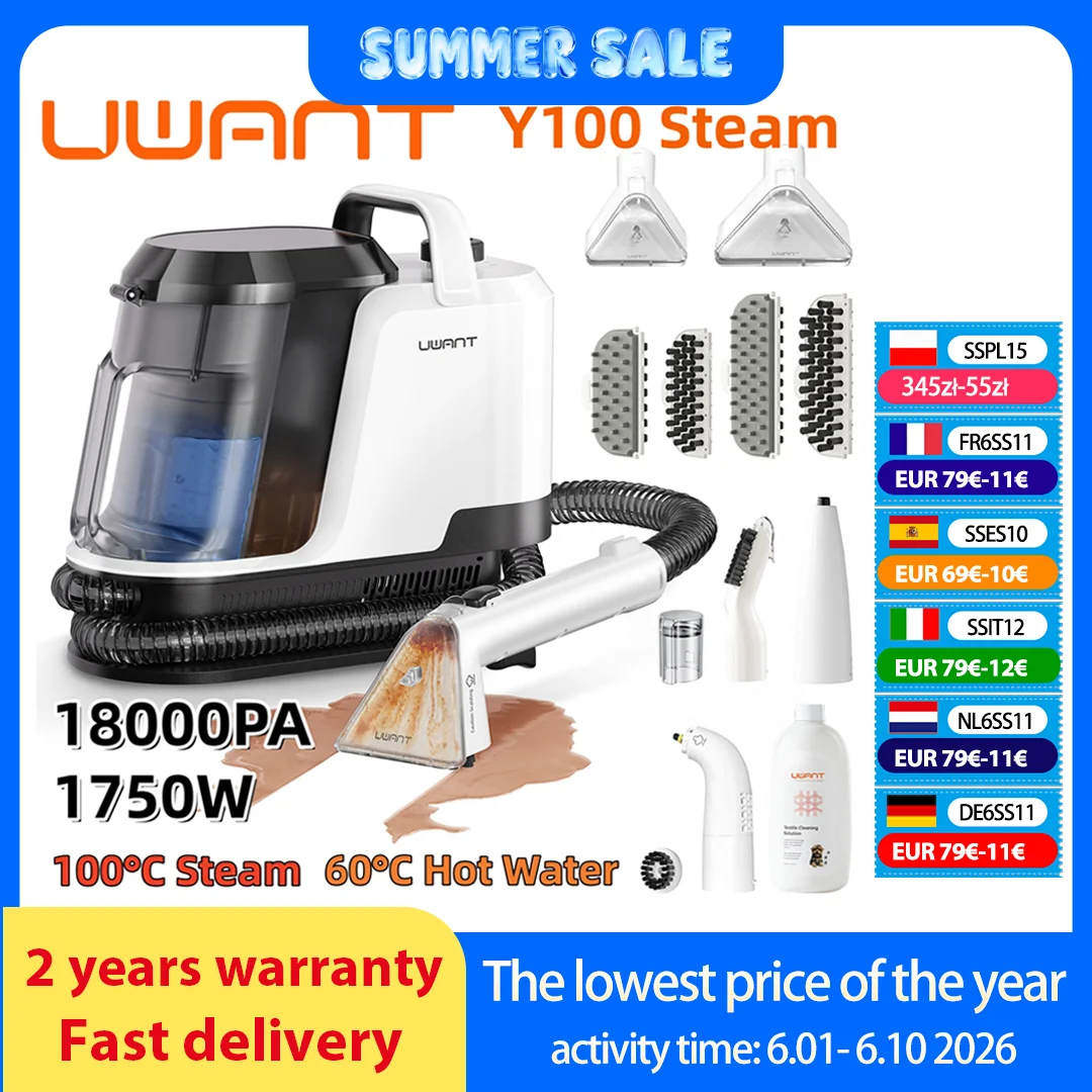 Uwant Y100 Dampfreiniger 18000Pa Teppichreiniger 1750W 100 ° C Steam 60 ° C Heißwasser-Selbstreinigungsgerät für Sofa, Auto, Schuhe, Tierhaare (Jetzt bestellen und kostenlosen Geruchsentferner-Stick erhalten)