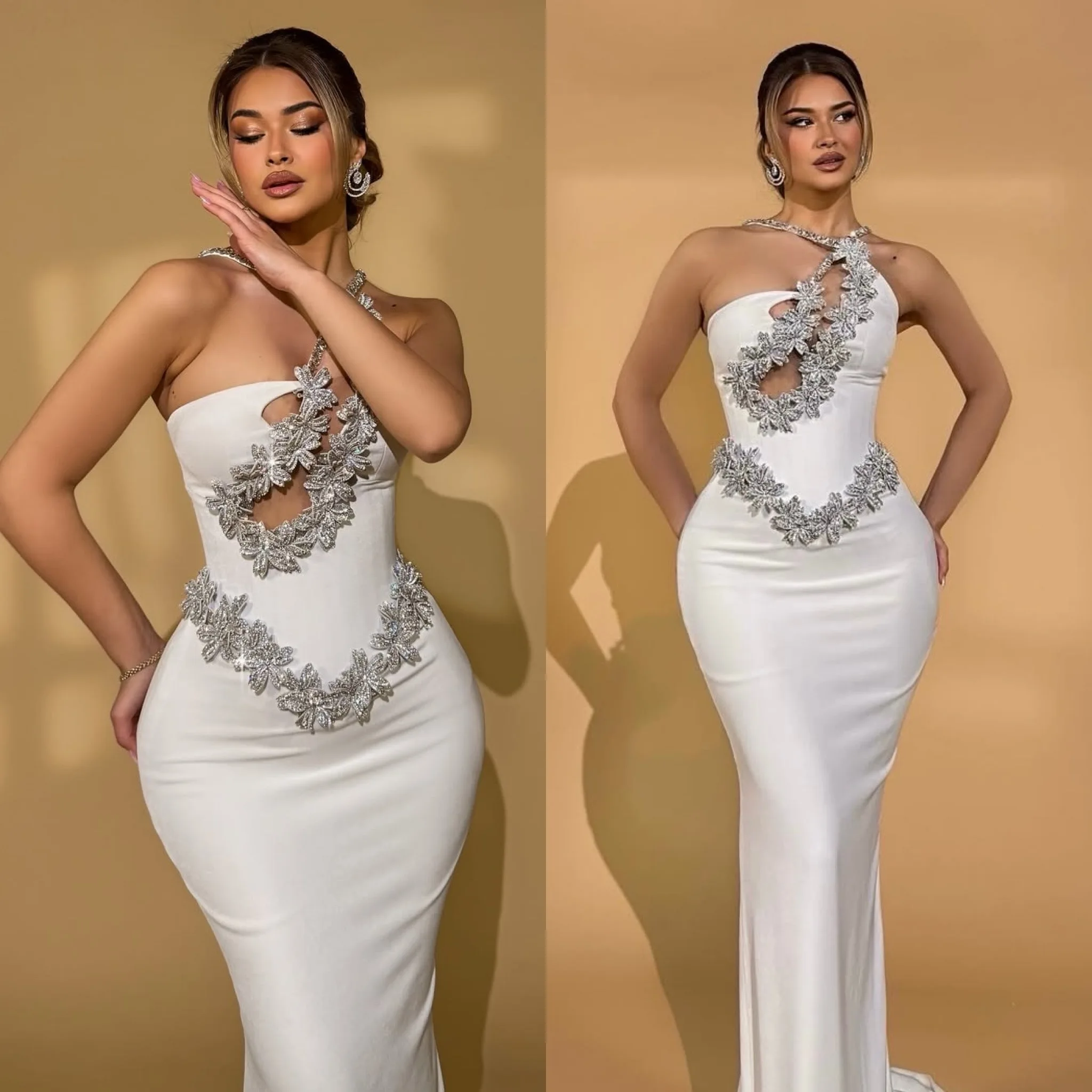 Weißes, sexy One-Shoulder-Kleid, schulterfrei, Strass, rückenfrei, One-Shoulder-Tight, hüftbetontes Verbandkleid