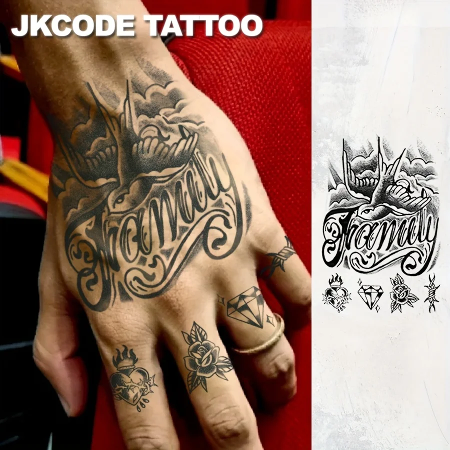 Wasserdichtes Design, semi-permanente Tattoos, Retro-Graffiti-Stil-Tattoo – „Familie und Traum“, Rosen- und Weißtaubenmuster – modisches englisches Herren-Tattoo – temporäres Tattoo am Hals, Hand, Finger, hält 15 Tage lang Image