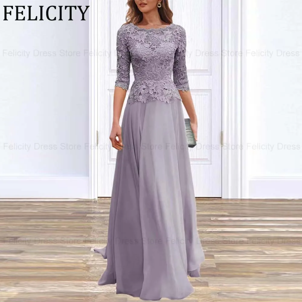 FELICITY Maßgeschneidertes Elegantes Brautmutterkleid 2026 A-Linie Rundhals Spitze Chiffon Langes Hochzeitsgast-Partykleid Abendkleid Image