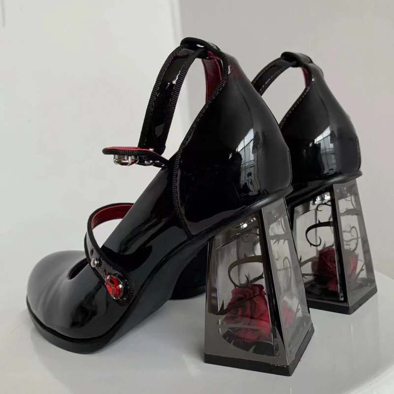 Punk Gothic High Heels Pumps Frau Knöchelriemen Schwarz Mary Jane Schuhe Frauen 2025, Neue Rose Mit Hohen Absätzen Patent Leder Lolita Schuhe