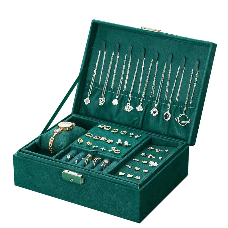 Neue Samt-Schmuckschatulle im Vintage-Stil mit Doppelschloss, Aufbewahrungsbox für Halsketten, Uhren, Ohren, große Kapazität