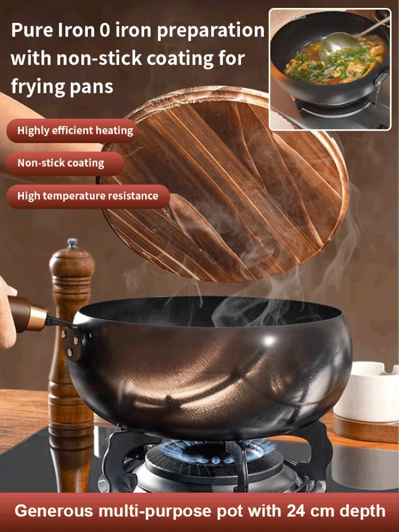 Unbeschichteter großer Bauchtopf aus reinem Eisen, handgefertigt, zum Schmieden, Antihaft-Pfanne, für den Haushalt, kleine Bratpfanne mit flachem Boden für die Küche, Gasherd Image