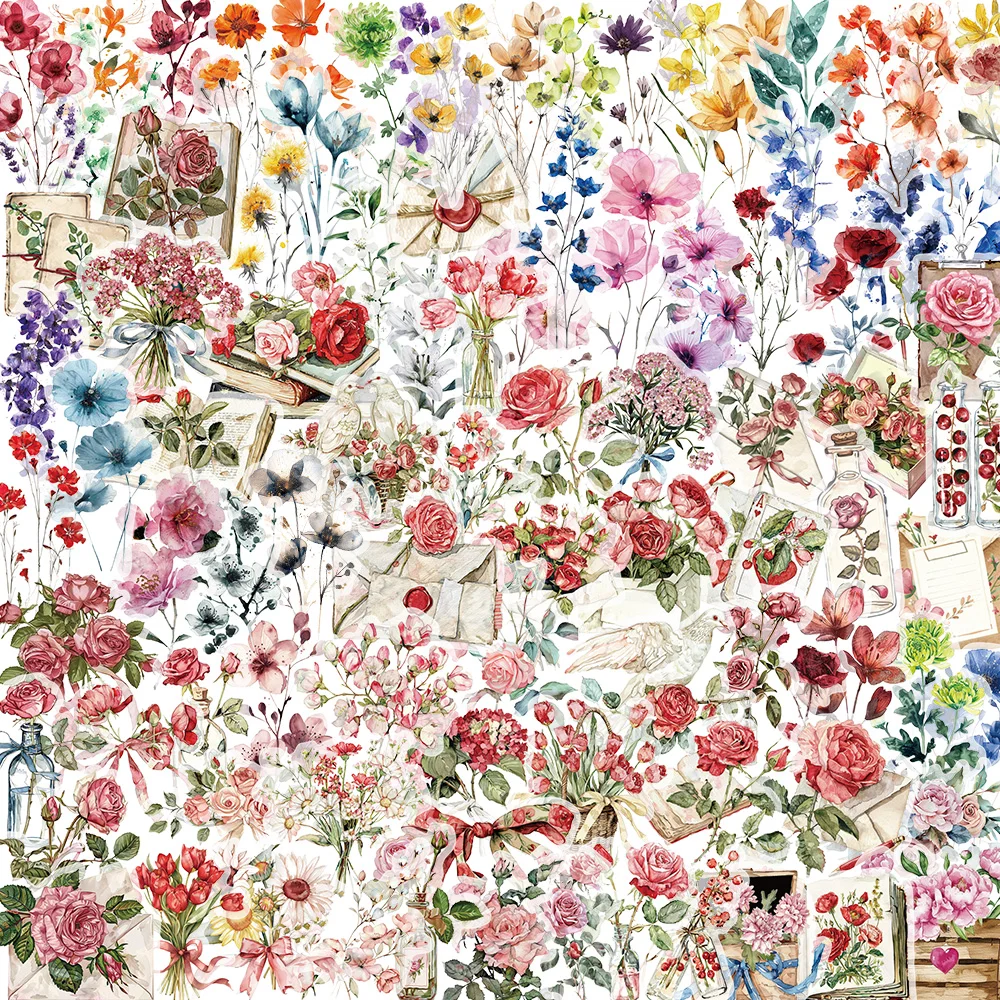 100 Stück Tinte-Blumen-Aufkleber-Set, wasserfest, transparent, PET-Broschüre, Blumenmaterial, dekoratives Gitarren-Notizbuch Image