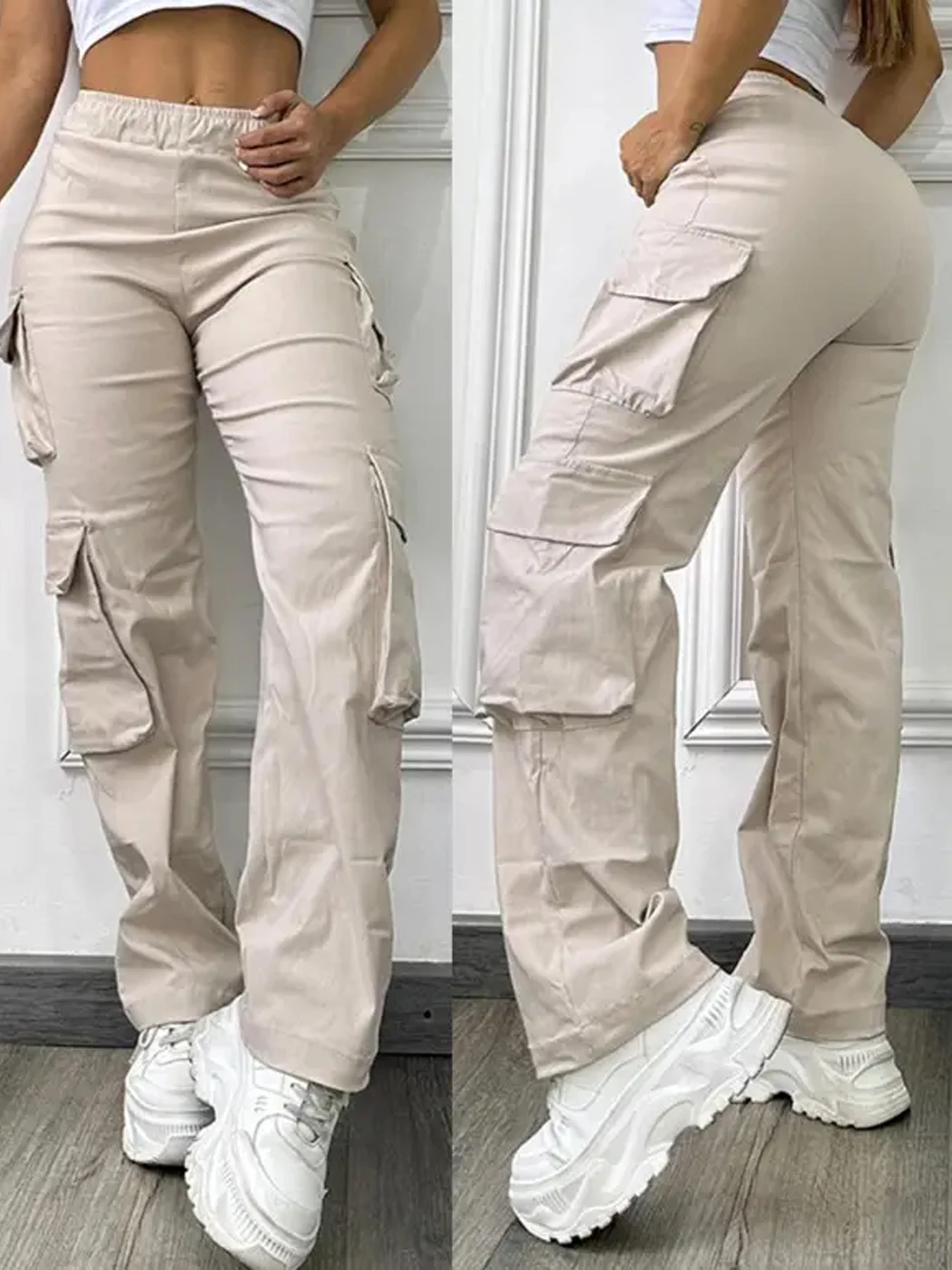 Modische, einfarbige, elastische Arbeitshose mit Tasche und hoher Taille für Damen Image
