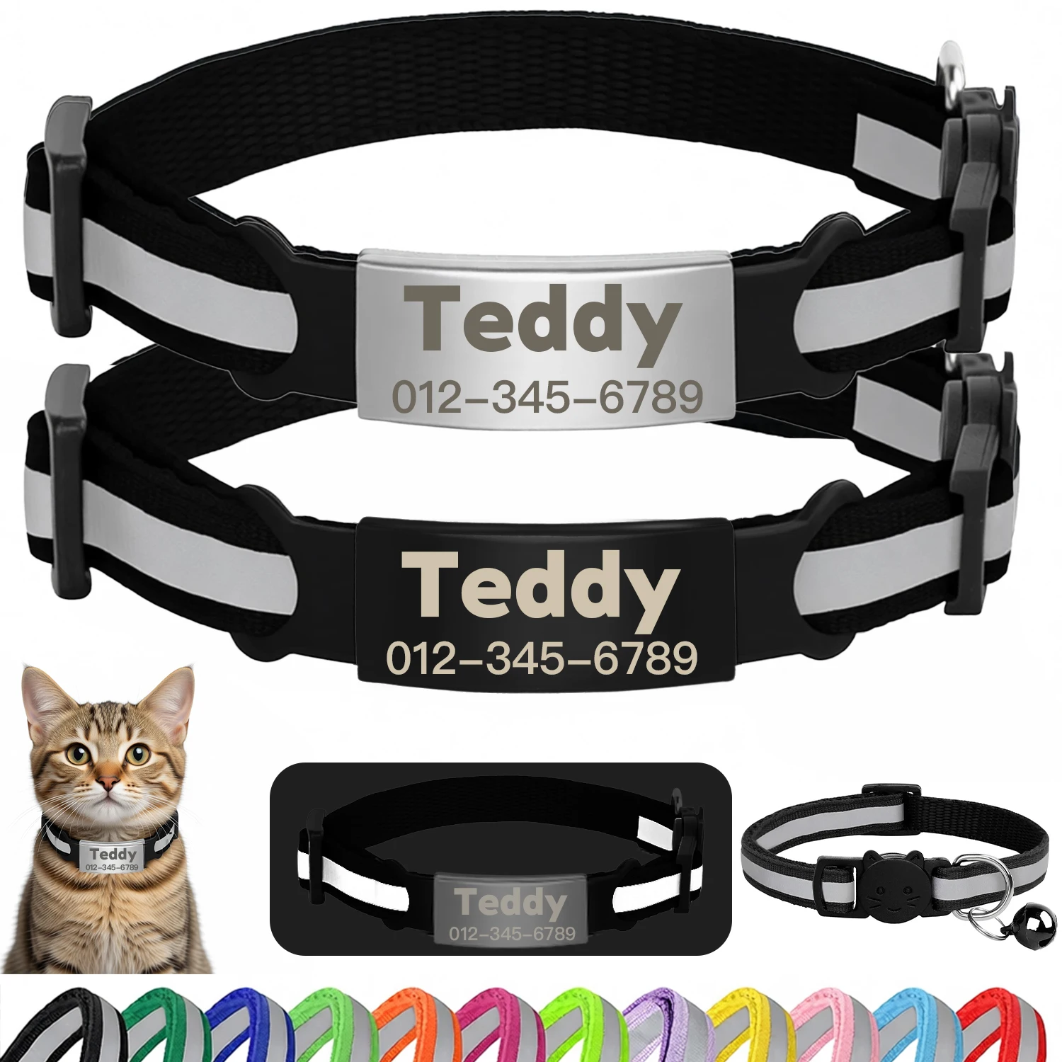Maßgeschneidertes Haustierhalsband, reflektierende Katzenhalsbänder, frei gravierte Welpen- und Kätzchen-Haustier-ID-Namensschild-Halskette mit Glöckchen, Anti-Verlust für Katzen Image