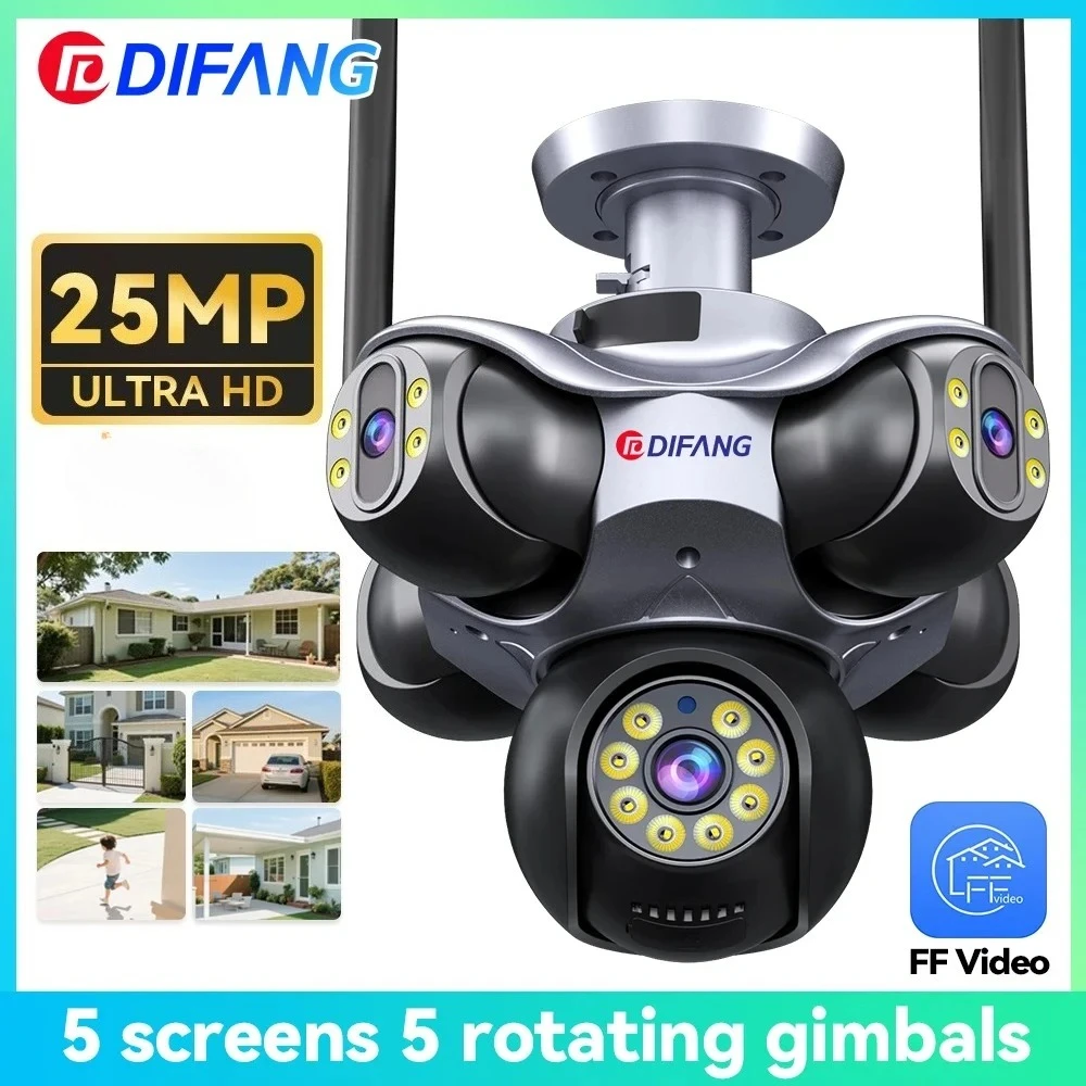 25 MP WiFi-Kamera mit fünf Bildschirmen, CCTV-IP-Kamera mit fünf Objektiven, 10 K, 20 MP, Sicherheits-IP-Kamera, Videoüberwachung 720 ° PTZ Home Security Cam Image