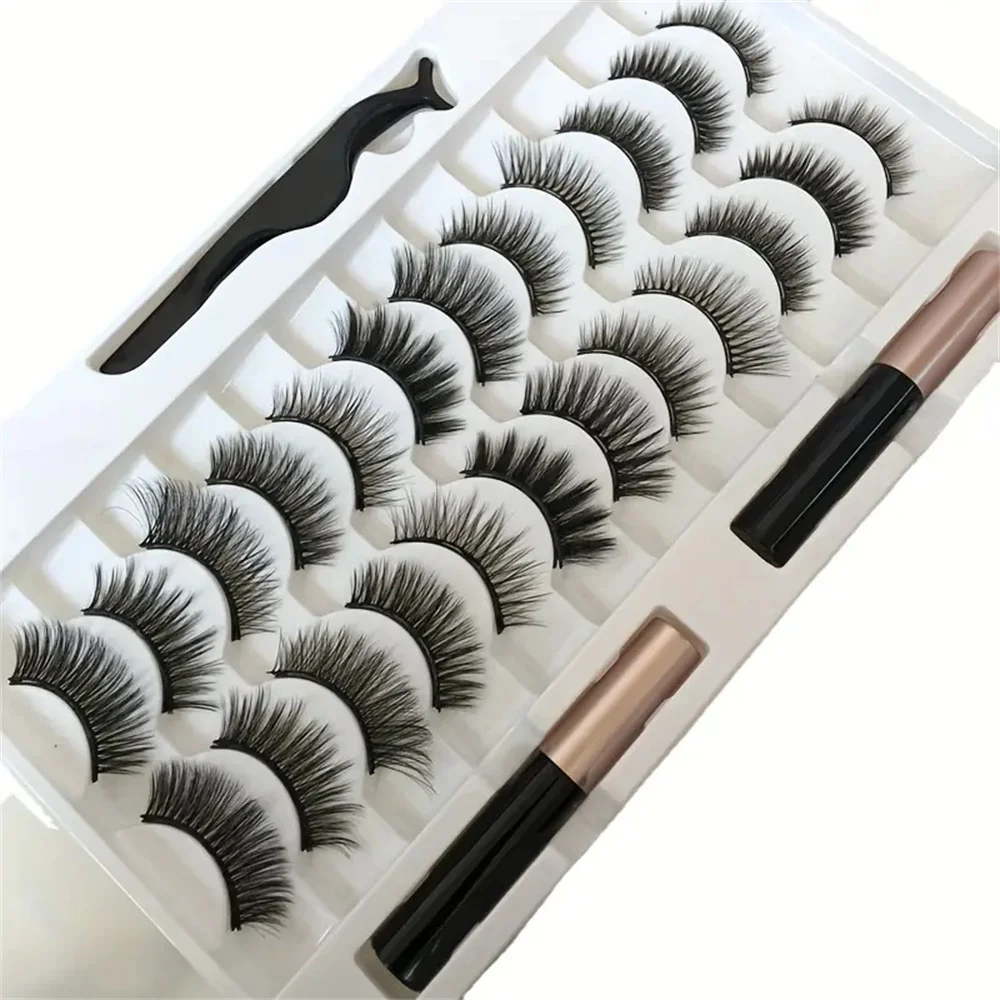 12-Paar magnetische falsche Wimpern-Sets, mit Eyeliner, natürlicher Make-up-Effekt, wiederverwendbar, lockige magnetische Wimpern-Sets Image