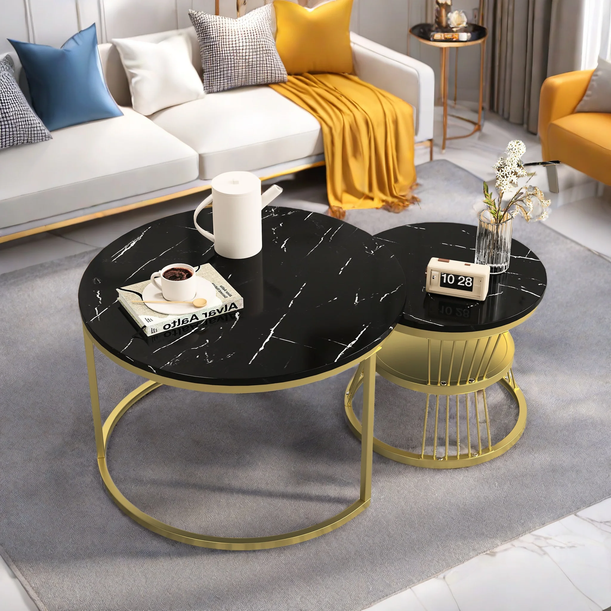 Rosahqnda 2er-Set Satztische, Moderne runde Couchtische mit Ablagen und Stauraum, Sofa-Beistelltische, Möbel fürs Wohnzimmer Image