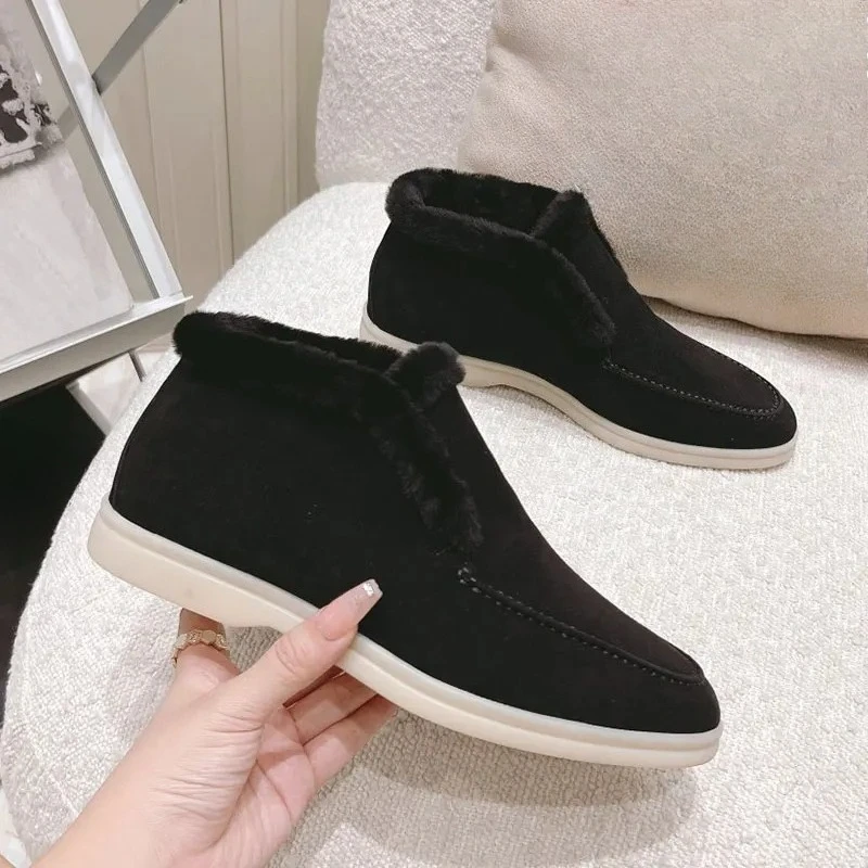 Schneestiefel für Damen, Schuhe aus echtem Leder, 2026, neue Modelle mit Fellfutter, warme, flache Schuhe, stilvolle und bequeme Damenstiefel, knöchelhohe Winterstiefel.