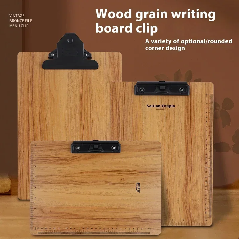 Klemmbrett mit Holzmaserung, A4-Aktenbrett, Clip, verdickte Hartfaser, Schreibblock für Studenten, instehbare Schreibschiene, Treffen, Kopieren Image