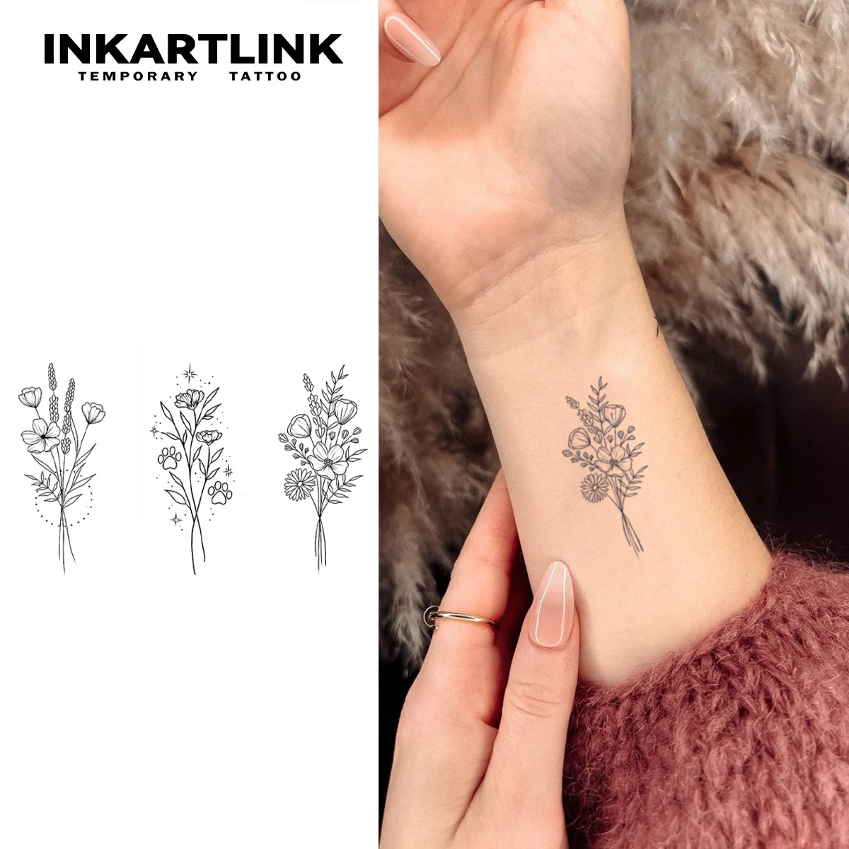 Temporärer Tattoo-Aufkleber „Three Little Flowers“, wasserfestes magisches Tattoo, hält bis 15 Tage lang, Fake-Tattoo, semi-permanentes Tattoo Image