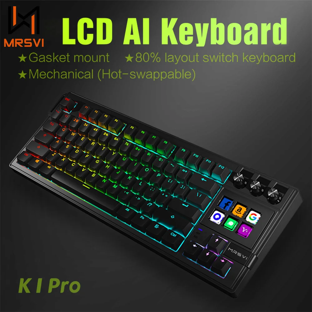 MRSVI K1 PRO Visuelle LCD-KI-Tastatur, 80 % mechanische Gaming-Tastatur, Makro, rote Achse, kabelgebunden, abnehmbares Kabel, RGB-Hintergrundbeleuchtung, Hot-Swap Image