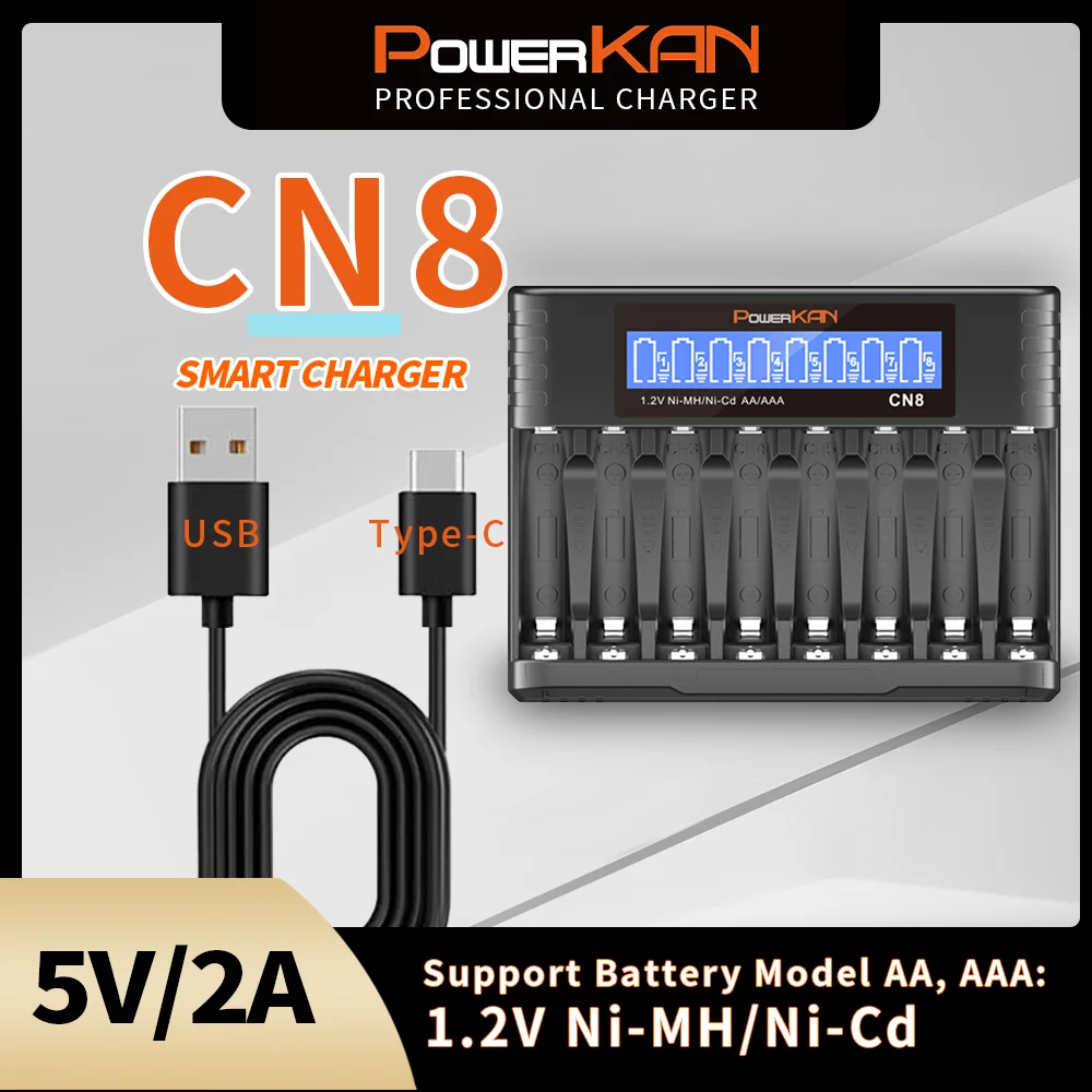 POWERKAN CN8 AA/AAA-Batterieladegerät, schnelles LCD-Batterieladegerät mit 8 Steckplätzen für 1,2 V Ni-MH/Ni-CD-Akkus Image
