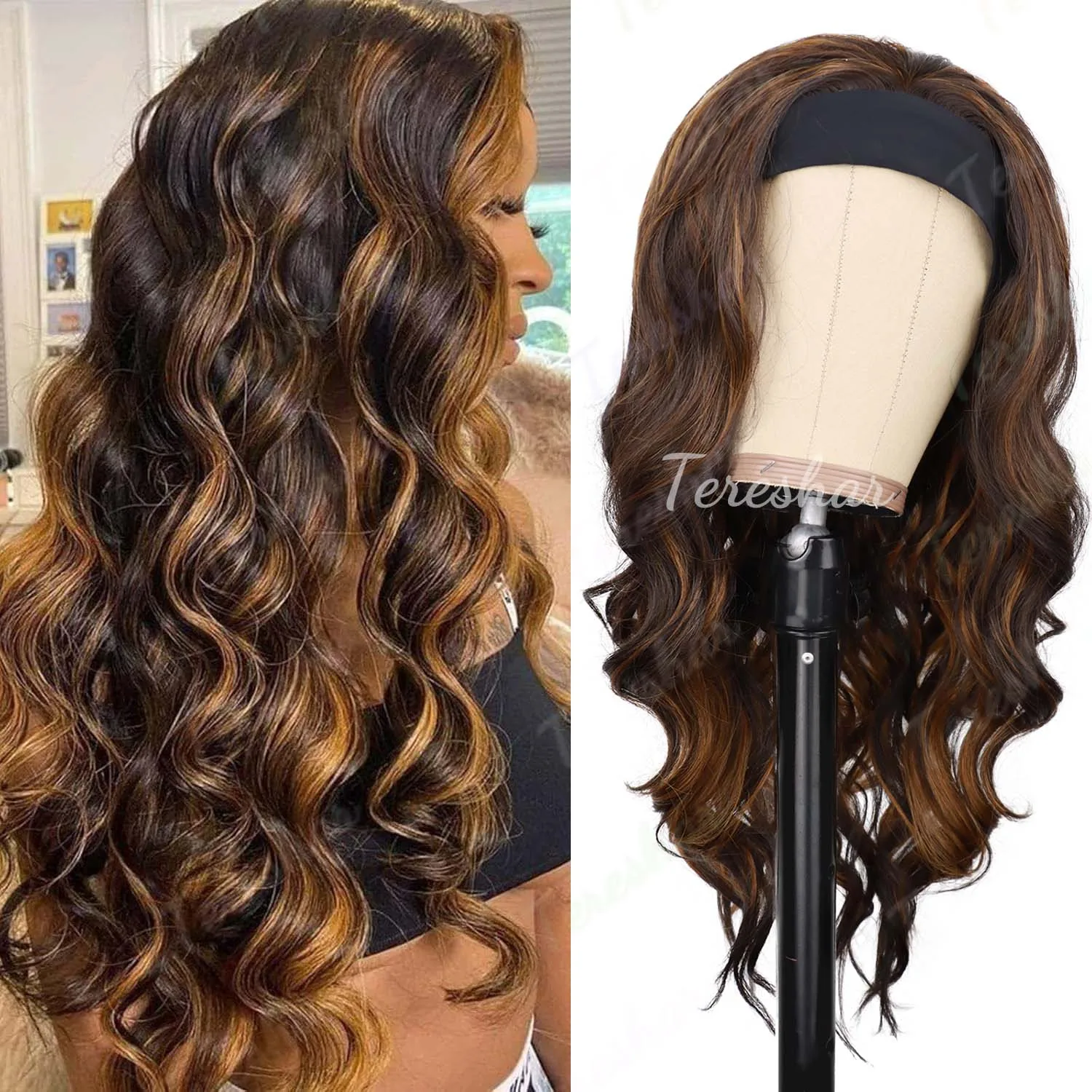 Lange synthetische gewellte Stirnband-Perücke für Frauen, schwarze Perücken mit braun-blondem Highlight, 200 % Dichte, Stirnband-Perücken, leimlose Perücke für den Alltag Image