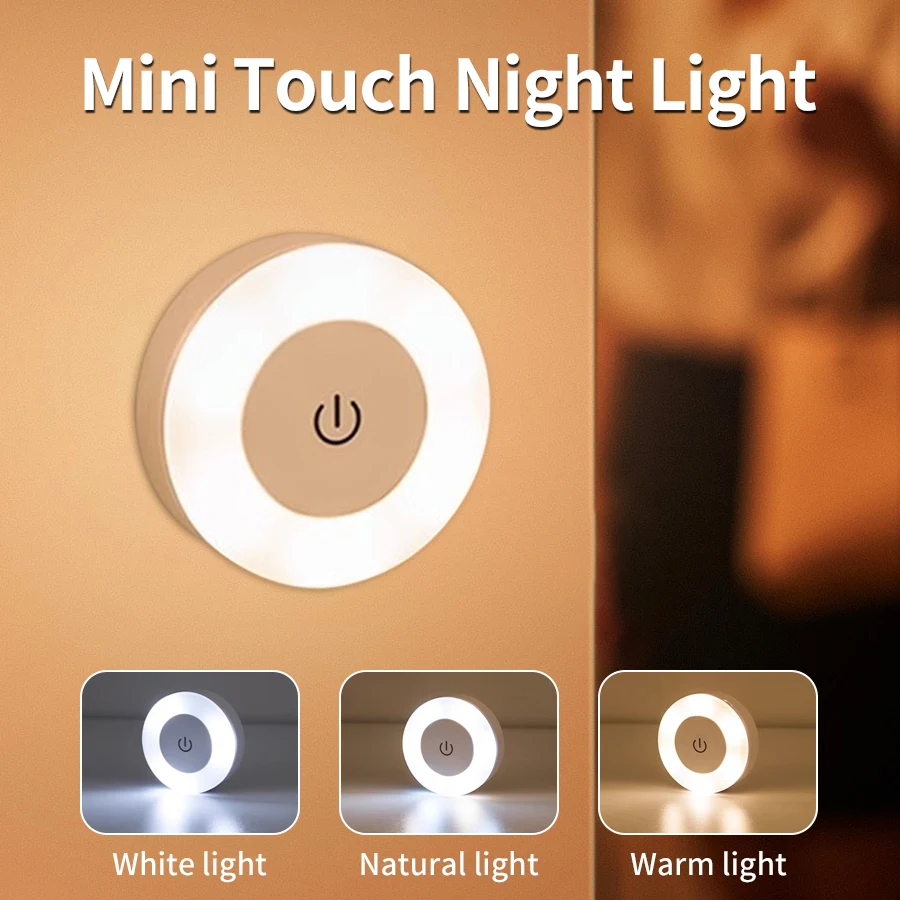 6 cm wiederaufladbares LED-Nachtlicht mit Touch-Schalter, kabellose Wandlampe, Lesebuch, Licht, 3 Farben, dimmbar, für Schlafzimmerschrank Image
