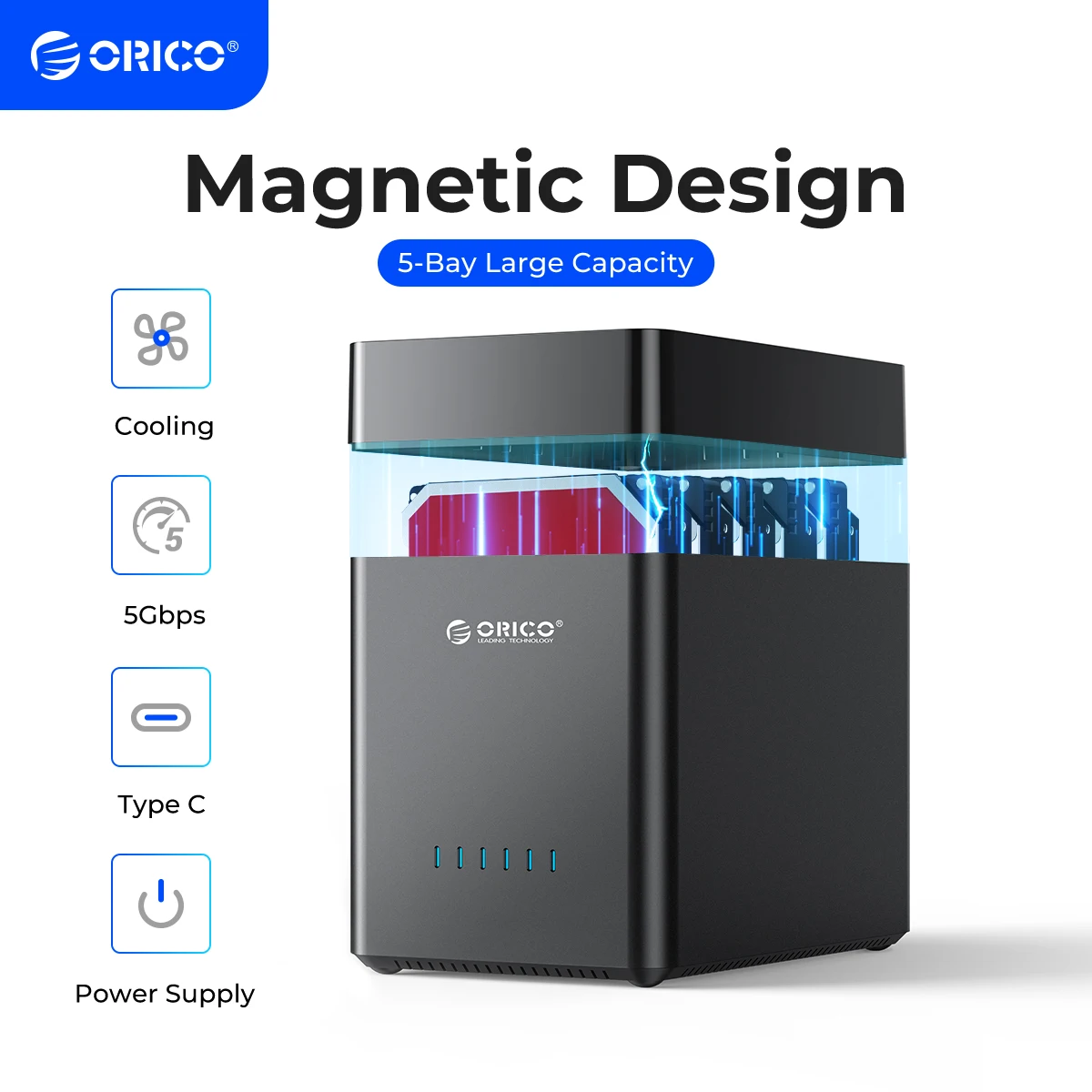 ORICO DS500 Serie 5-Bay 3,5'' Typ-C-Festplattengehäuse Magnetisches SATA3.0-Festplattengehäuse 12 V 6,5 A für Altcoins-Mining-Gamer Image
