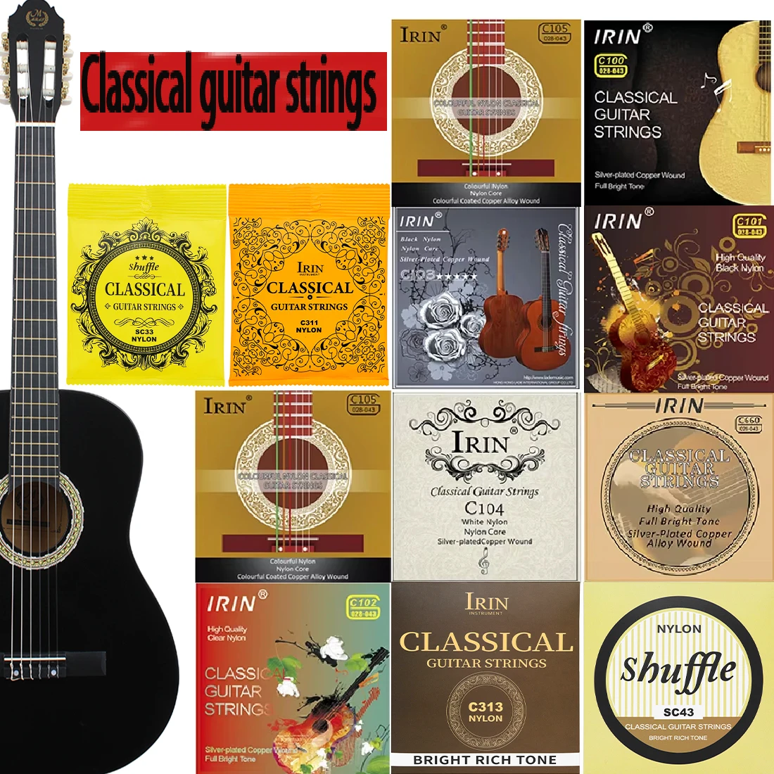 6-teilige Saiten für klassische Gitarre, schwarze transparente Nylon-Gitarrensaiten, versilberte Kupfer-Wundsaite, Gitarrenzubehör Image