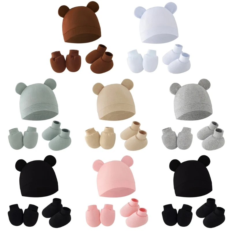 1 Set Beanie-Mütze für Neugeborene mit kratzfesten Handschuhen und Fußbezügen, warme Mütze, Baumwoll-Mütze, Geschenk für Kleinkinder Image
