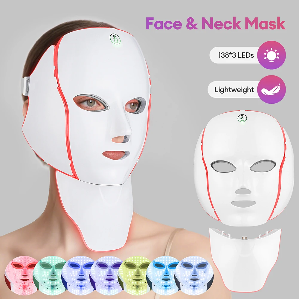 7-Farben-LED-Gesichtsmaske mit Hals-LED-Licht, Photon-Maske, Hautverjüngung, Anti-Akne-Schönheitsgerät, Face Lifting, festes Massagegerät Image