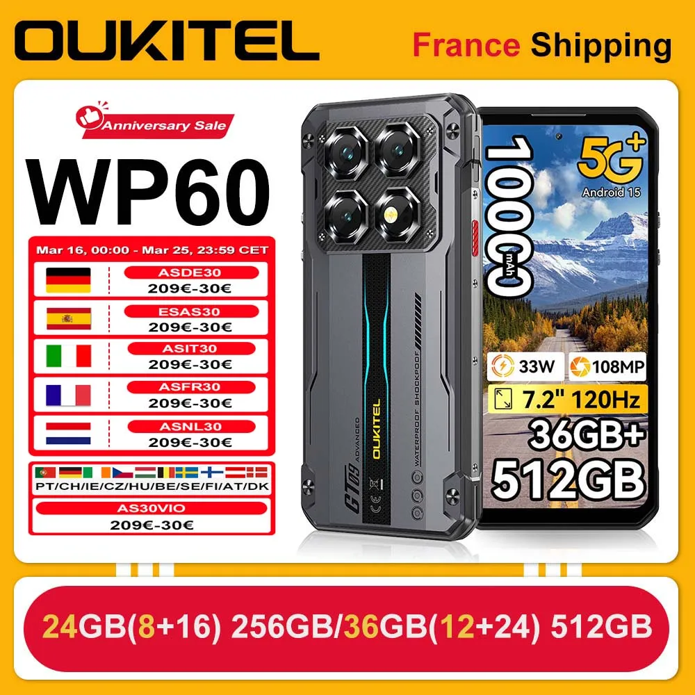 OUKITEL Robustes Smartphone WP60 5G 24GB(8+16) 256GB / 36GB(12+24) 512GB 7,2 Zoll HD+ 120Hz Smartphone 10000mAh 108MP Android 15 NFC